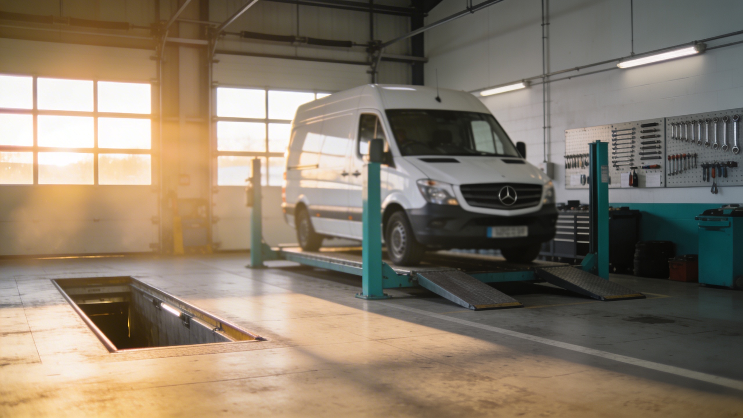 UK commercial vehicle fleet yard — trucks and trailers lined up for compliance inspection