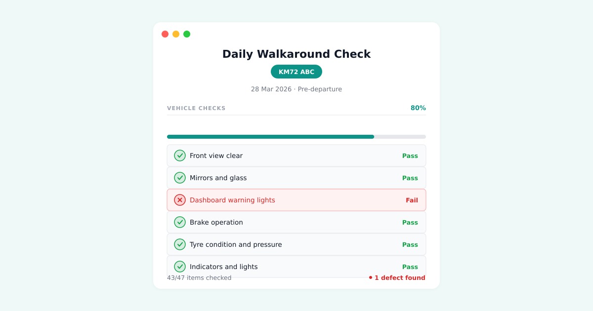Vekaro daily walkaround check mobile interface showing DVSA-compliant checklist with pass and fail items